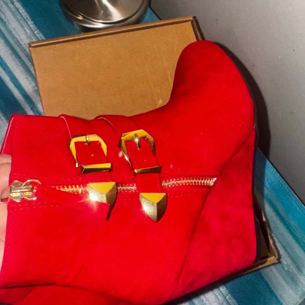 Forever Red Ankle Boots with Gold Accents - Picture 3 of 7